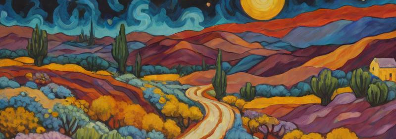 Painting of a desert road Hairpin Curve